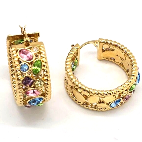 Massive Fashion Hoop Earrings Pastel Colorful Rhinestones 1 5/16 x 1 1/8in Gold - Picture 2 of 6